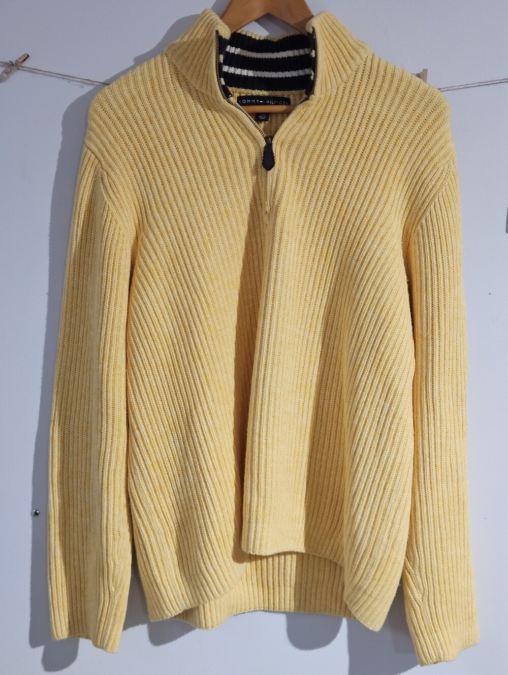 Tommy Hilfiger Yellow Ribbed Knit Quarter-Zip Sweater (100% Cotton) - Size L